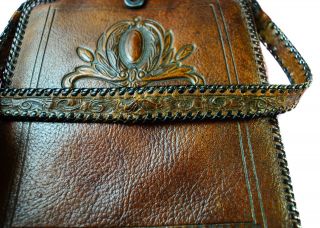 ANTIQUE ARTS & CRAFTS ' MEEKER MADE ' WOMAN ' S BROWN EMBOSSED LEATHER PURSE,  LINED 5