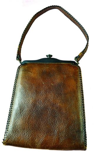 ANTIQUE ARTS & CRAFTS ' MEEKER MADE ' WOMAN ' S BROWN EMBOSSED LEATHER PURSE,  LINED 6