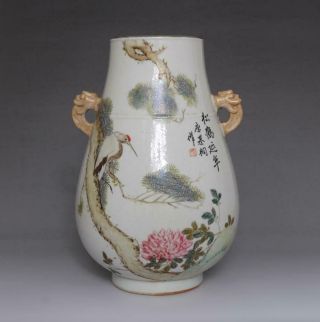 Antique Chinese Porcelain Pine And Crane Famille - Rose Vase Tang Jitong Marked