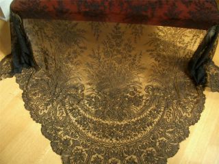 Lg Antique Vtg Victorian Black Chantilly Lace Mourning Shawl Mantilla Cape Veil
