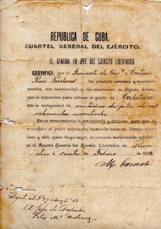 1899 Doc Manuscript Maximo Gomez Signed Revolution War Usa Cuban Spain