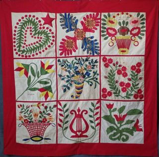 Antique Dated 1847 Signed Baltimore Album Quilt Bird Floral Prussian Stuffed