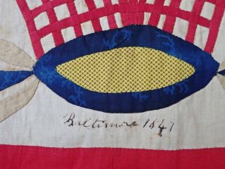 Antique Dated 1847 Signed Baltimore Album QUILT Bird Floral Prussian Stuffed 4