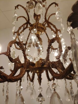 Vintage Ornate Antique 8 Arm 8 Light Glass Prisms Brass Spanish Chandelier 6