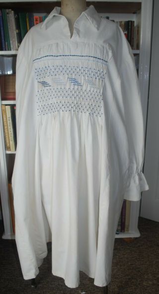 Fabulous Traditional English Calico Farmers Smock Blue Embroidery Stitching