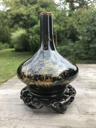 Chinese Qianlong Mark Porcelain Vase Republic Period Mirror Black Gilt