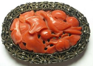 Antique Vintage Chinese Carved Deep Salmon Coral Silver Clip Brooch Bird Detail