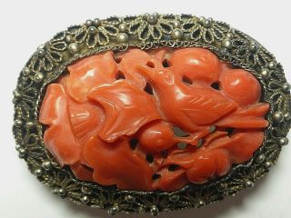 ANTIQUE VINTAGE CHINESE CARVED DEEP SALMON CORAL SILVER CLIP BROOCH BIRD DETAIL 2
