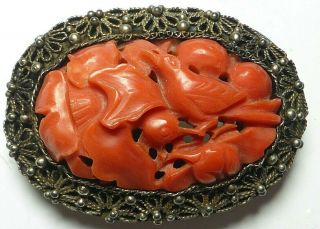 ANTIQUE VINTAGE CHINESE CARVED DEEP SALMON CORAL SILVER CLIP BROOCH BIRD DETAIL 3