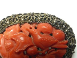 ANTIQUE VINTAGE CHINESE CARVED DEEP SALMON CORAL SILVER CLIP BROOCH BIRD DETAIL 4