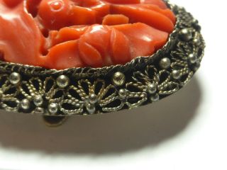 ANTIQUE VINTAGE CHINESE CARVED DEEP SALMON CORAL SILVER CLIP BROOCH BIRD DETAIL 5