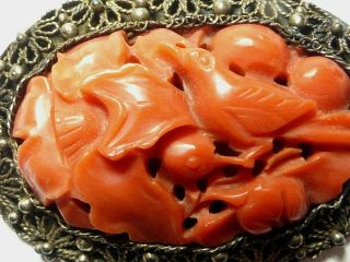 ANTIQUE VINTAGE CHINESE CARVED DEEP SALMON CORAL SILVER CLIP BROOCH BIRD DETAIL 7