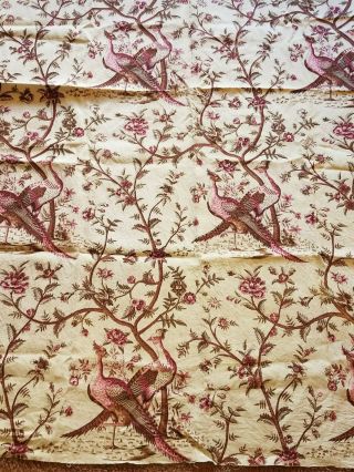 Antique Vtg Printed French Linen Birds Floral 2 yards fabric toile pheasant tree 10