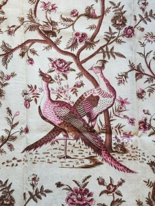 Antique Vtg Printed French Linen Birds Floral 2 Yards Fabric Toile Pheasant Tree