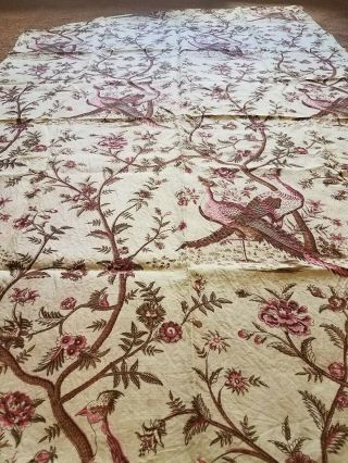 Antique Vtg Printed French Linen Birds Floral 2 yards fabric toile pheasant tree 3