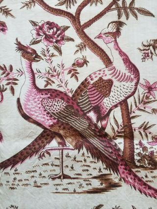 Antique Vtg Printed French Linen Birds Floral 2 yards fabric toile pheasant tree 5