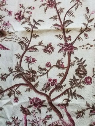 Antique Vtg Printed French Linen Birds Floral 2 yards fabric toile pheasant tree 6