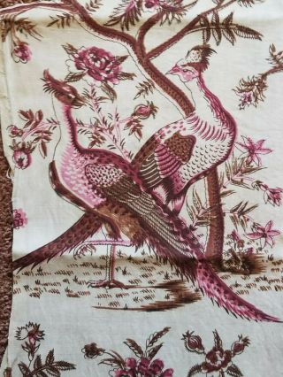 Antique Vtg Printed French Linen Birds Floral 2 yards fabric toile pheasant tree 7