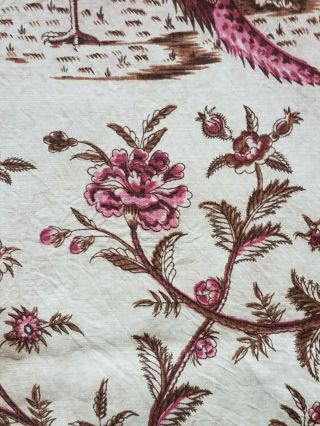 Antique Vtg Printed French Linen Birds Floral 2 yards fabric toile pheasant tree 8