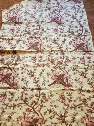 Antique Vtg Printed French Linen Birds Floral 2 yards fabric toile pheasant tree 9