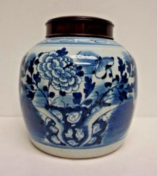 Antique 19th Century Chinese Ginger Jar Blue White Chrysanthemum 8 " High