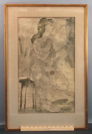 1962 Marina Ospina Signed Modernist Watercolor Ink Nude Woman Figure Painting