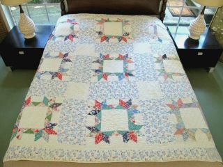 Pigs At The Trough Feed Sack: Antique Golgotha (?) Hand Sewn Quilt,  75 " X 73 "