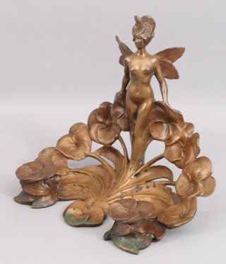 Antique Jules Jouant French Art Nouveau Nude Fairy Lady Bronze Inkwell Sculpture
