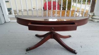 Vintage Mahogany Oval Duncan Phyfe Coffee Table With Glass Top And Pull Drawer