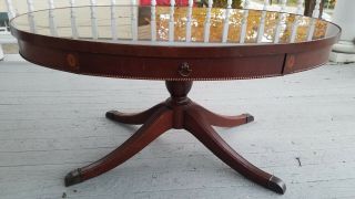 Vintage Mahogany Oval Duncan Phyfe coffee table with glass top and pull drawer 2