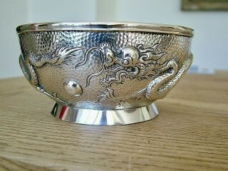 Quality Antique Chinese Export Solid Silver Bowl Dragons Pearl Hammered