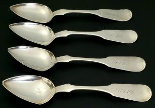 ANTIQUE 19th C THEODORE DUBOSQ AMERICAN COIN SILVER TABLE SPOONS CALIFORNIA/PHIL 7