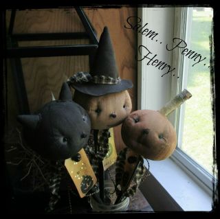 3 Primitive Black Cat Witch & Jol Pumpkin Halloween Pokes Ornies Crocks Tucks