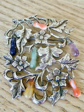 UNUSUAL CHINESE EXPORT SILVER PIN BROOCH HARD STONE FRUIT AND LEAVES ANTIQUE 2