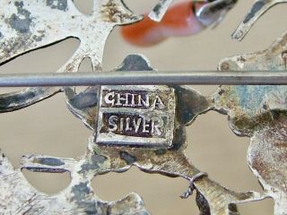 UNUSUAL CHINESE EXPORT SILVER PIN BROOCH HARD STONE FRUIT AND LEAVES ANTIQUE 4