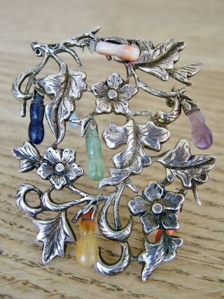 UNUSUAL CHINESE EXPORT SILVER PIN BROOCH HARD STONE FRUIT AND LEAVES ANTIQUE 7