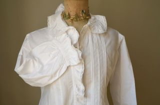Antique French Pure Crisp Cotton Blouse,  Pin Tucks,  Lace Edged Frill