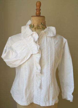 Antique French pure crisp cotton blouse,  pin tucks,  lace edged frill 2