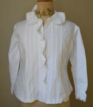 Antique French pure crisp cotton blouse,  pin tucks,  lace edged frill 3