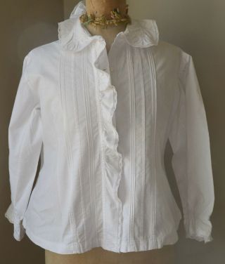 Antique French pure crisp cotton blouse,  pin tucks,  lace edged frill 4