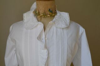 Antique French pure crisp cotton blouse,  pin tucks,  lace edged frill 5