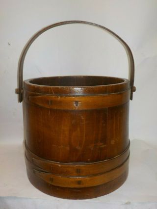 Xl Primitive Antique Wood Firkin Bucket Swing Peg Handle All Pail