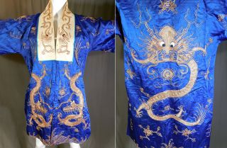 Antique Chinese Dragon Gold Couching Embroidery Blue Silk Opera Robe Coat Vtg 2