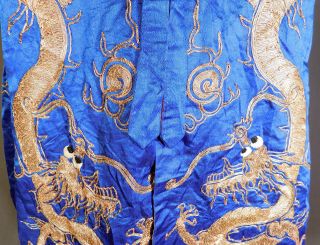 Antique Chinese Dragon Gold Couching Embroidery Blue Silk Opera Robe Coat Vtg 3