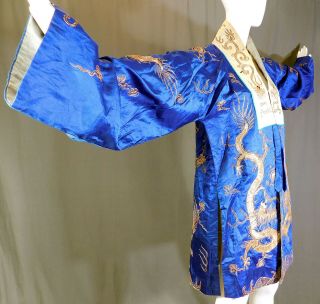 Antique Chinese Dragon Gold Couching Embroidery Blue Silk Opera Robe Coat Vtg 4