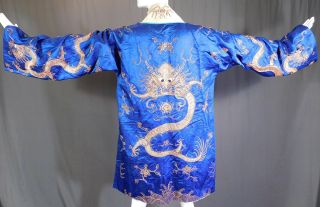 Antique Chinese Dragon Gold Couching Embroidery Blue Silk Opera Robe Coat Vtg 5