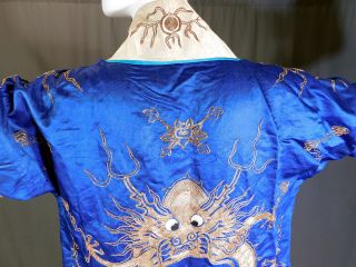 Antique Chinese Dragon Gold Couching Embroidery Blue Silk Opera Robe Coat Vtg 6