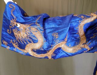 Antique Chinese Dragon Gold Couching Embroidery Blue Silk Opera Robe Coat Vtg 7