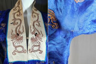 Antique Chinese Dragon Gold Couching Embroidery Blue Silk Opera Robe Coat Vtg 8