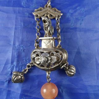 STUNNING ANTIQUE SILVER & CARNELIAN CHINESE DRAGON & BUTTERFLY CHATELAIN 2